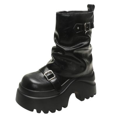 Damen Lederstiefel Neue Winter Motorradstiefel 9,5CM Keilabsätze Hohe Plateauschuhe Klobige Schuhe Frau Herbst Dicke Sohle Punk Stiefel