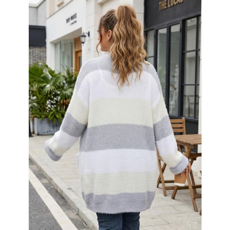 Women Plus Size Striped Color Block Open Front Knit Cardigan Sweater Coat