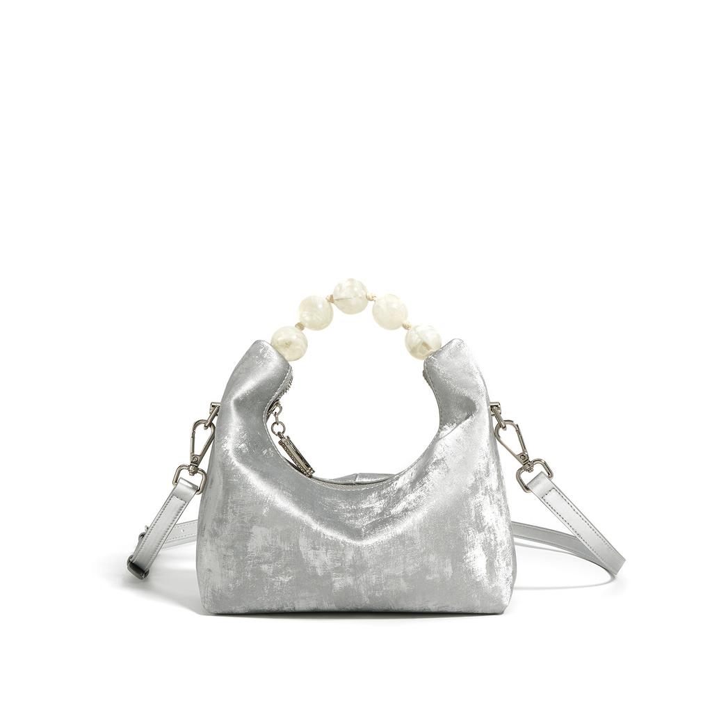New Chinese National Style Dumpling Bag Satin Cowhide Women's Bag Niche One Shoulder Crossbody Handbag Leather Chain Bag Women's Bag