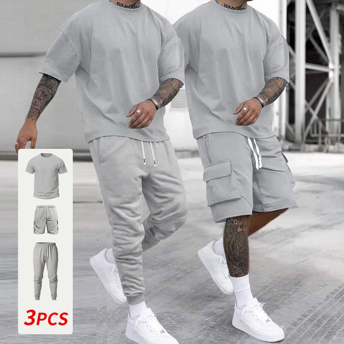 

Men s Casual Sports Set: T-Shirt, Cargo Shorts & Joggers [Limited Edition] XL светло-серый