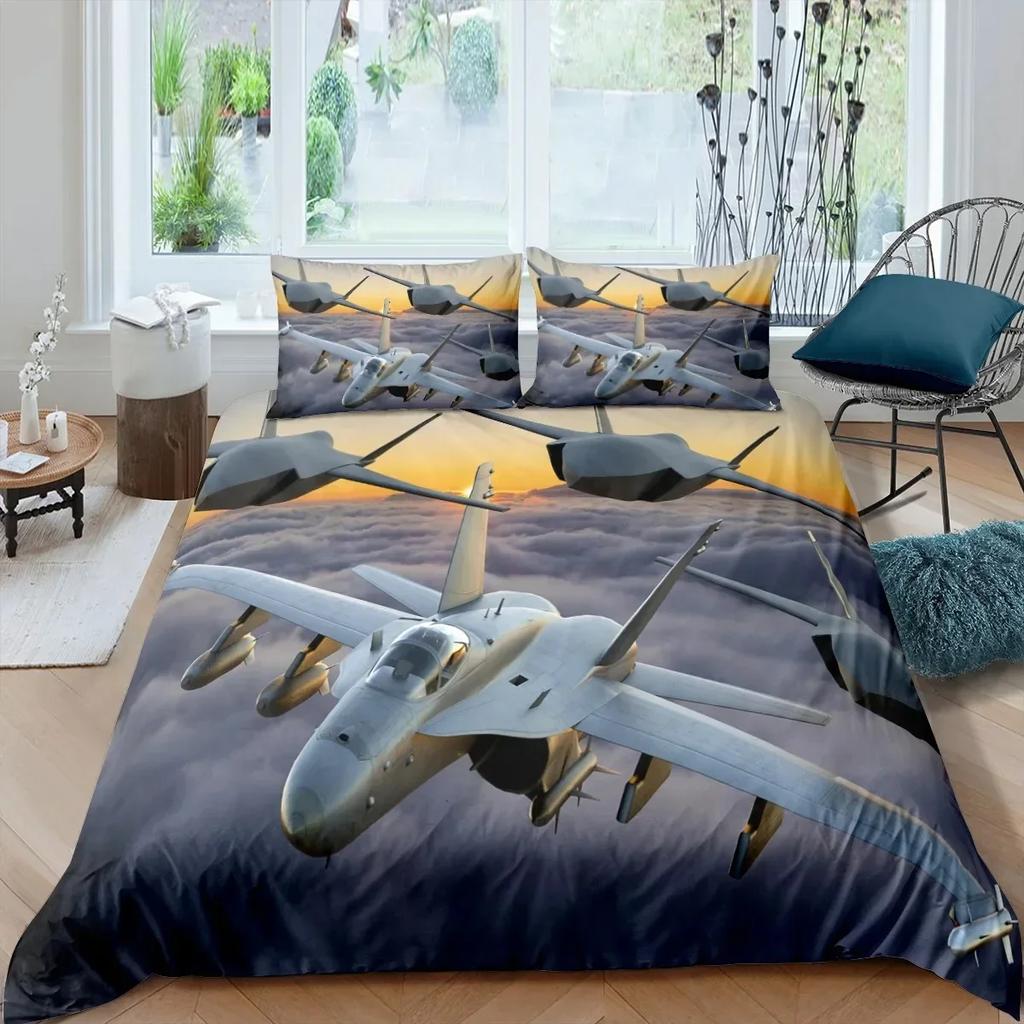 Airplane Fighter Flying Jet Comfortable Duvet Quilt Cover Pillowcase Bedding Set Children Bedroom Decoration Home Textile