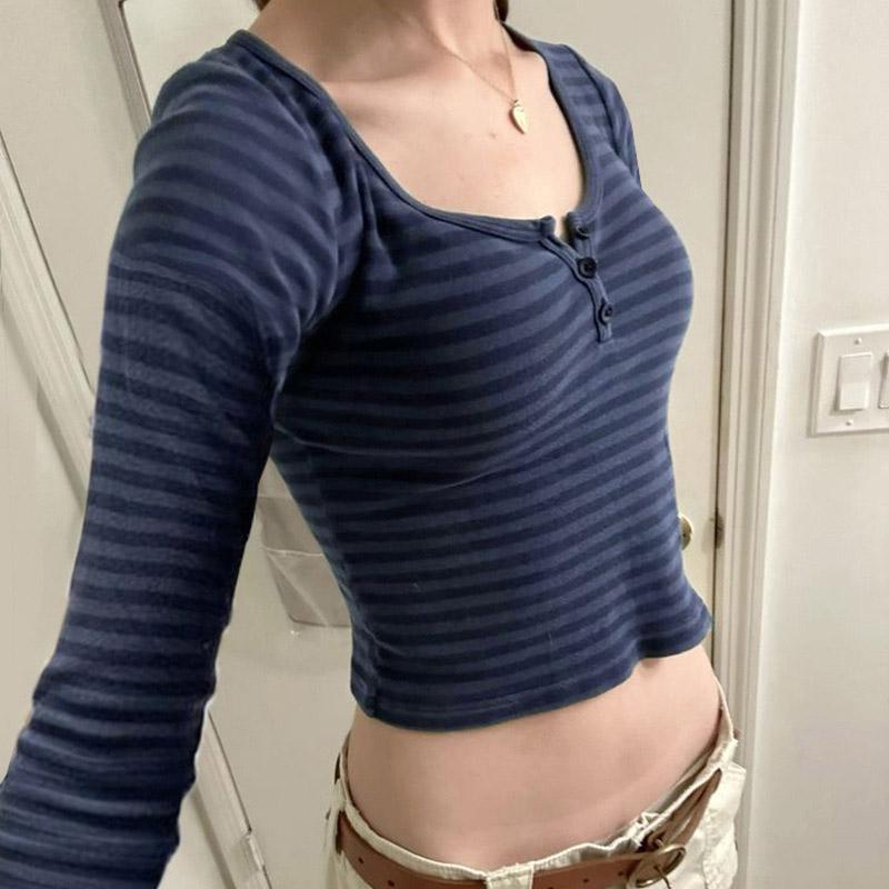 Striped Scoop Neck Slim-fitting T-shirt Women Casual Long Sleeves Button Crop Pullover Sexy Versatile Bottoming Top
