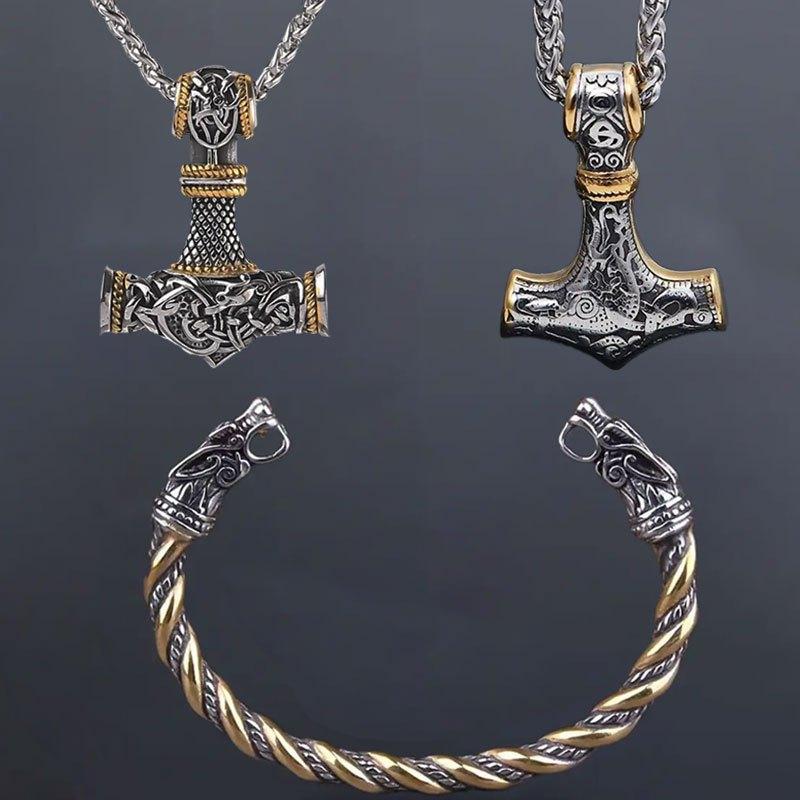 Men s Nordic Viking Rune Necklace and Wolf Head Bracelet Three-Piece Set - Vintage Norwegian Style Pendant золотистый