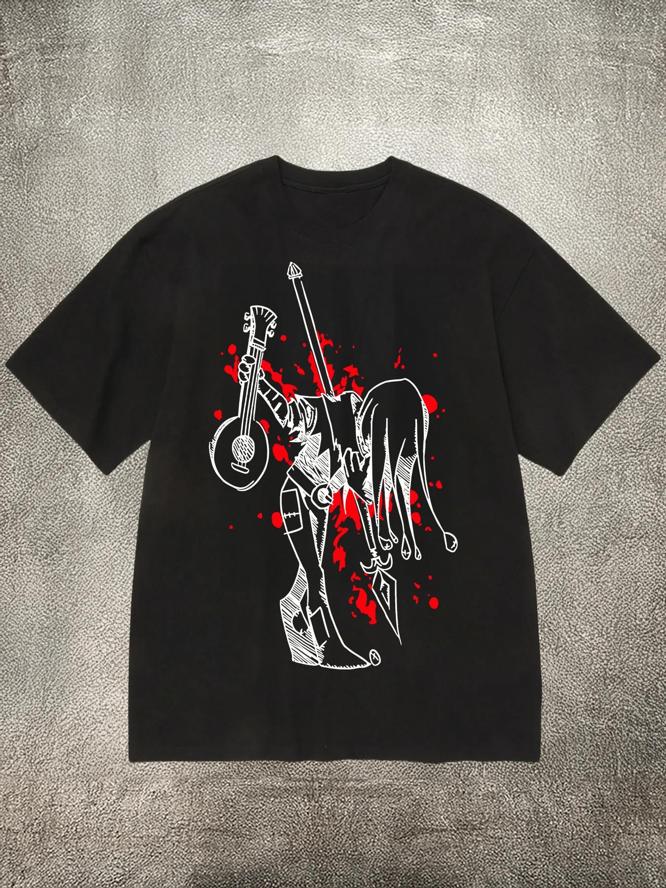 

Woman s Black Pure Cotton Crew - Neck Short - Sleeve T - Shirt with Dark-Style Instrument - Figure Heat - Transfer Print 4XL