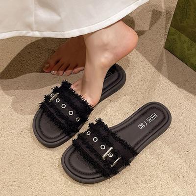 Hausschuhe Damen Sommerbekleidung Mode 2025 neu mit Rock flacher Boden Ein-Wort-Schlepp lässig vielseitig Strand coole Hausschuhe