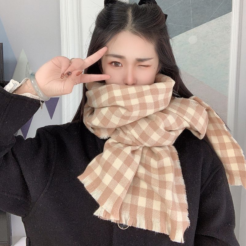 New Korean Style Plaid Scarf for Women Winter Tassels Retro Long Shawl  Scarf  Korean Style Atmosphere  Versatile Couple Trend