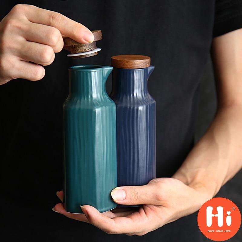 Hi Japanese Ceramic Salt Jar with Bamboo Lid Soy Simple Sauce Bottle Creative Leak-Proof Oil Vinegar Bottle Kitchen Tableware