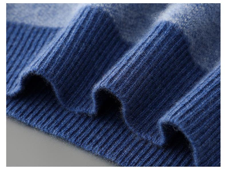 Men's Thickened 100% Pure Wool Color Block Round Neck Sweater - Casual Loose Jacquard Knit Cashmere Top