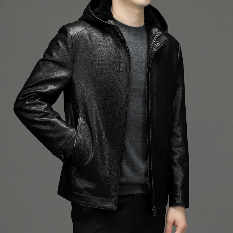 Genuine Leather Jacket for Men with Lapel Sheepskin Autumn and Winter Velvet Middle-aged and Elderly Dad Leather Jacket for Men