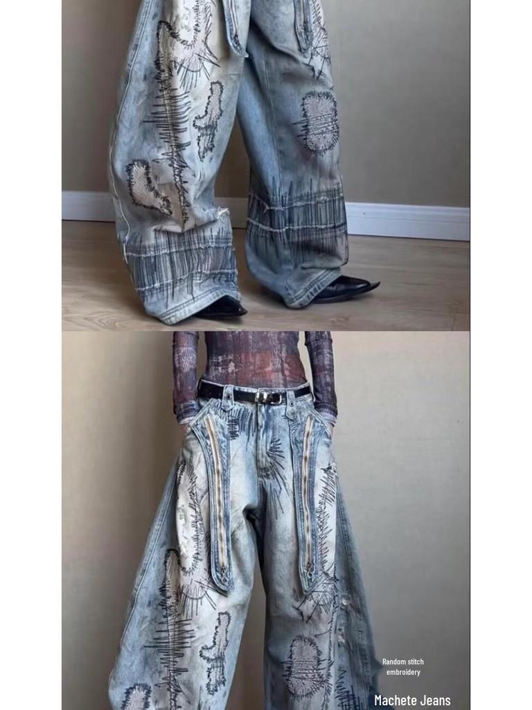 Women's Plus Size Retro Knife-Design Wide-Leg Jeans: Washed, Stained, Curved, Draping Long Pants