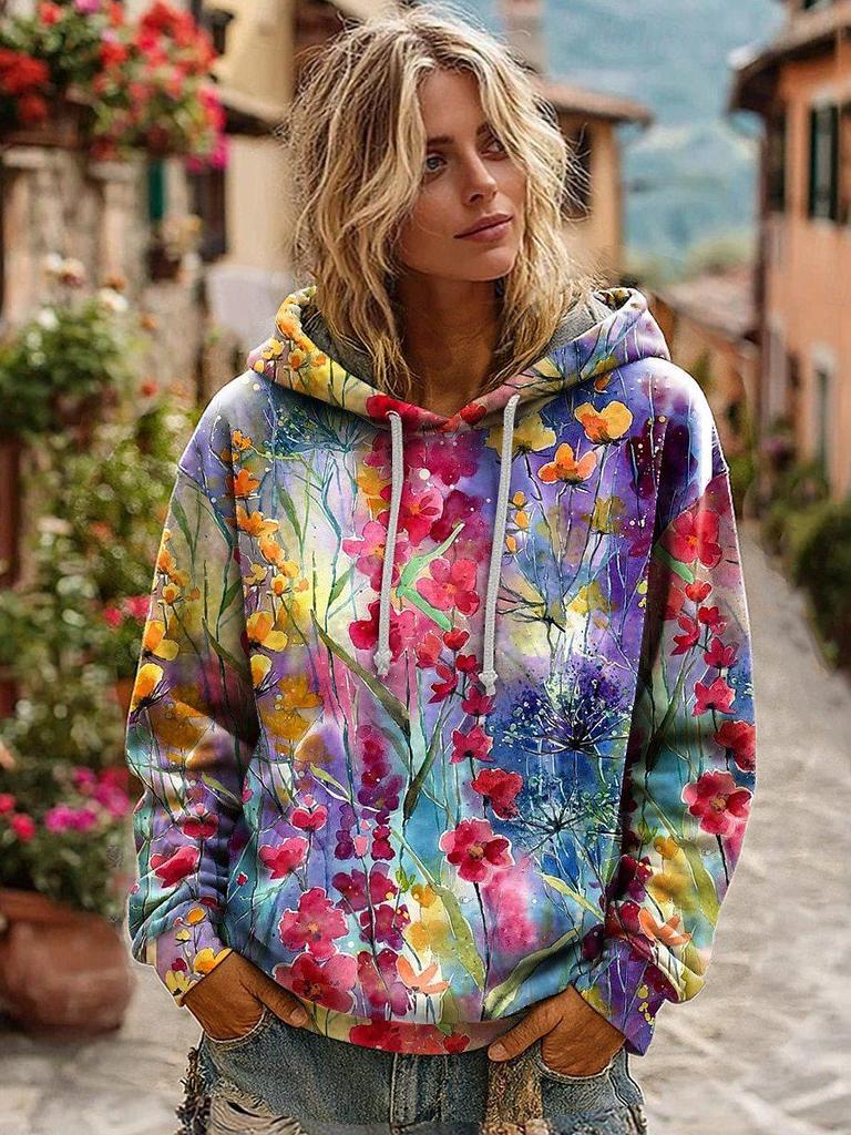 WWomen's Floral Print Flower Hoodie Top Long Sleeve Crew Neck Pullover Sweatshirt