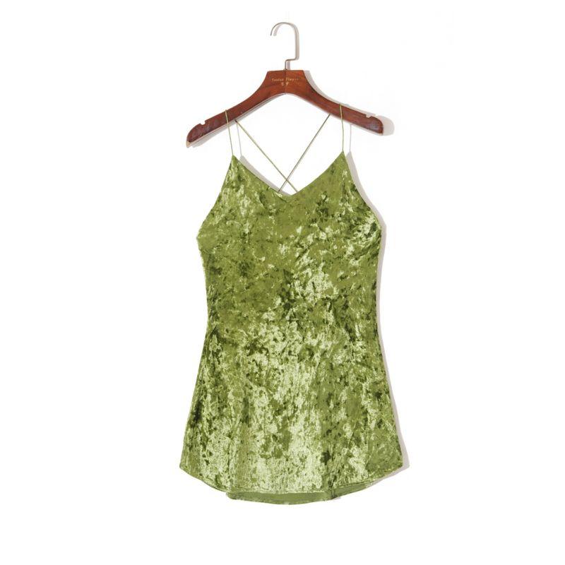 

2024 Summer Women s Clothing Fashion European and American Style Pure Color Sexy Backless Slim Fit Stretch Plaid Gold Velvet Suspender Skirt Green S