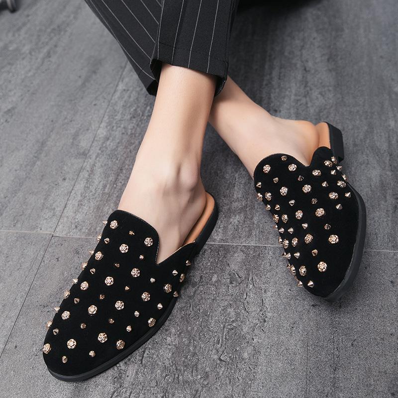 Halbziehhschuhe Sommer Britische Nieten Spitze Herren Hausschuhe Fauler Überzug Leder