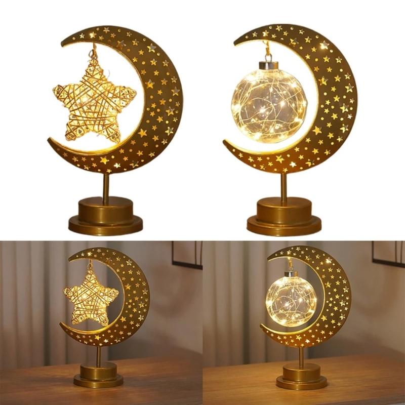 Eid Decors Moon Table Lamp Battery Operated Crescents Lamp Half Moon Light Metal Ramadans Star Lamp Home Decors