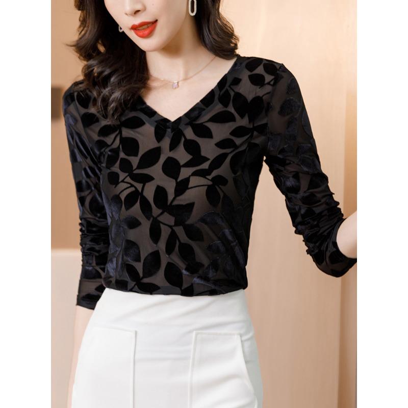 Early Autumn Long-sleeved Base Shirt for Women New Style Small Shirt Lace Velvet T-shirt Mesh Top Mother Suit
