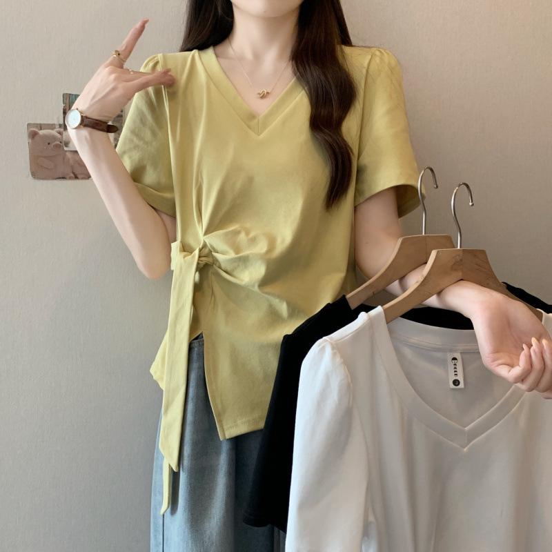 

Summer Plus Size Asymmetrical Short Sleeve T-Shirt with Stylish Collar and Streamer Design 4XL жовтий
