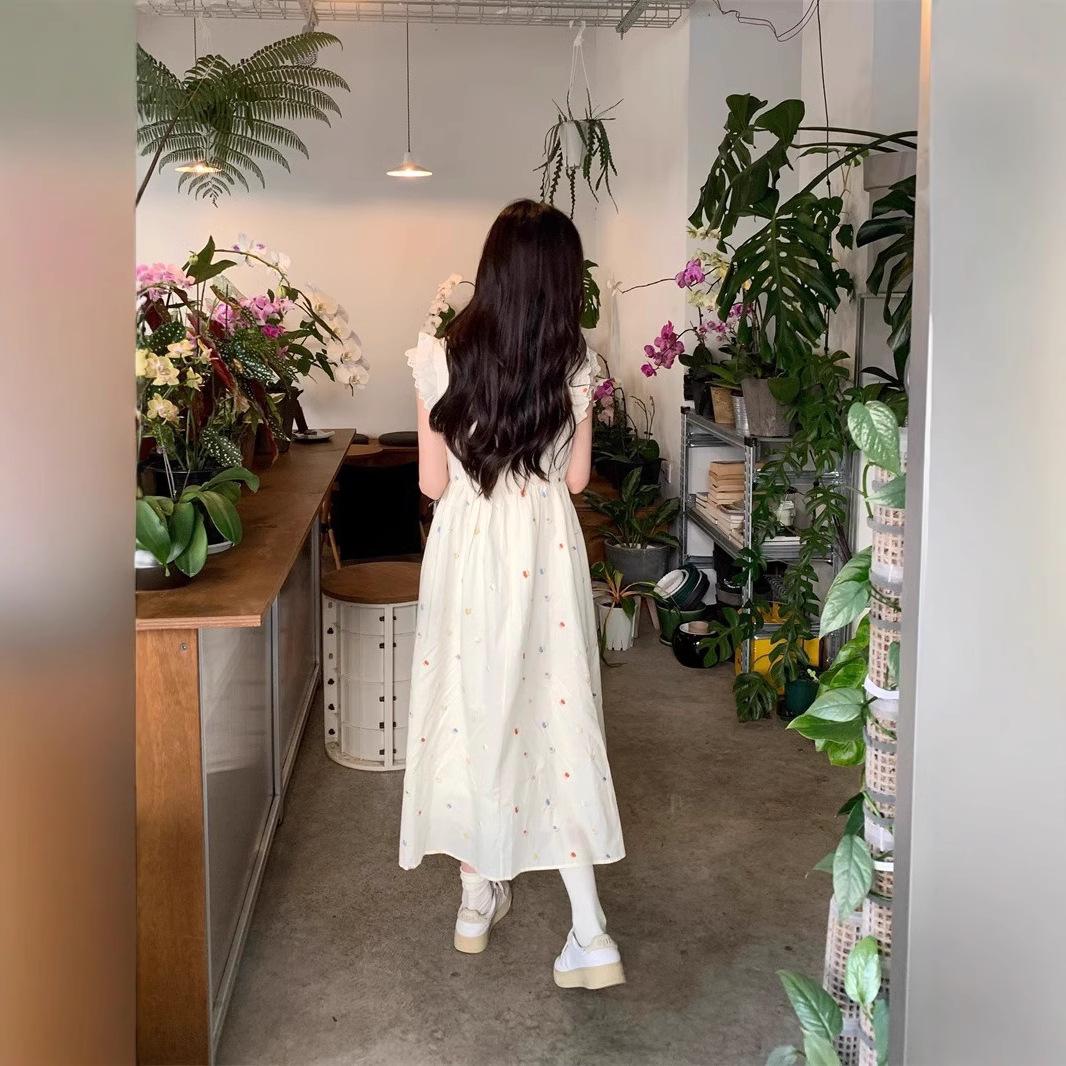 

New Chinese women s short-sleeved floral dress women s summer high-end temperament waist and thin gentle wind long skirt 2XL абрикосовий