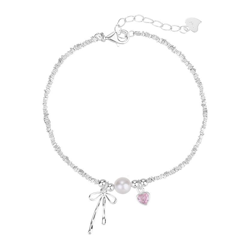 Hot Selling 925 Sterling Silver Fine Jewelry Heart Pink Zircon Shell Pearl Bowknot Bracelet for Women Girls