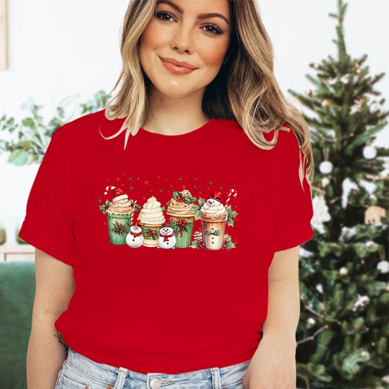 Snowman Coffee Christmas Women T Shirt Tops Tee Red Tshirt Female Summer Tshirt Christmas Graphic Tee Female Cute Tops Tee