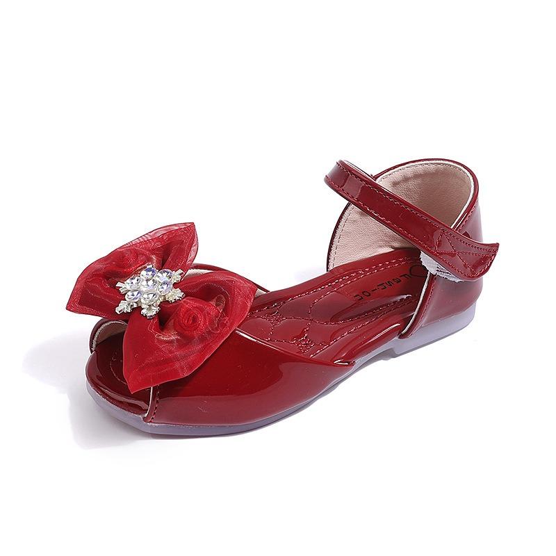 Girls' Rose Ribbon Bow and Rhinestone-Decorated Patent Leather Soft-Sole Princess Shoes / Fish-Mouth Children's Princess Sandals
