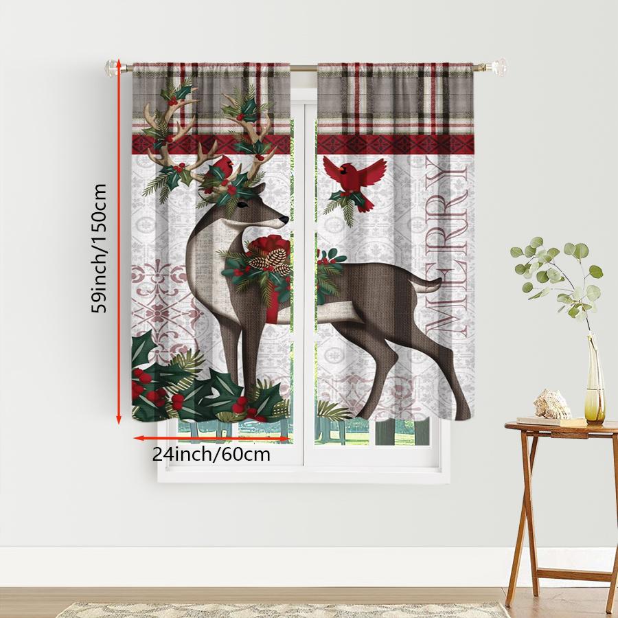 2PCS Digital Print Christmas Curtains, Plaid Reindeer Cardinal Holly Border, Rustic Country Window Drapes for Holiday Home Decor