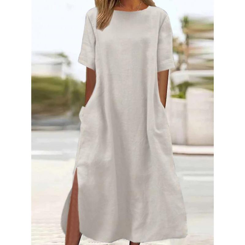 Europe, America, cross-border 2025 Amazon foreign trade women s clothing large size long casual simple loose atmosphere cotton and linen dress S белый