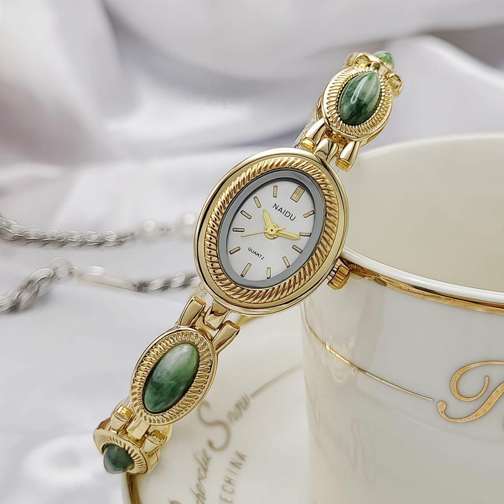 Korean Style Women's Oval Bracelet Watch - Colorful Stone, Versatile, Niche Fashion, Gold, High-End Feel