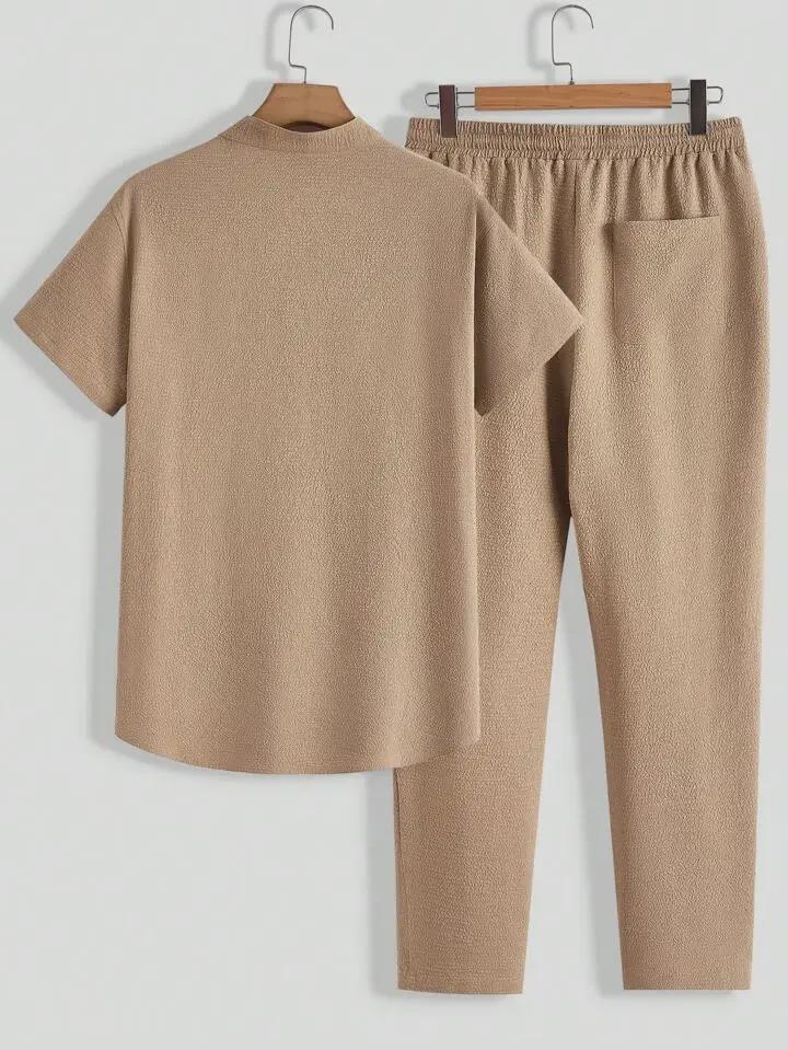 2026 Summer Men's Casual Sports Suit - Short Sleeve & Long Pants, Solid Color