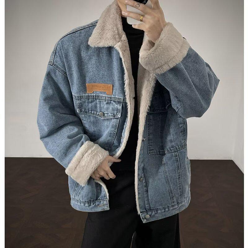 Men's Retro Velvet Denim Jacket – Trendy, Warm, Unisex, Loose-Fit with Multi-Pockets