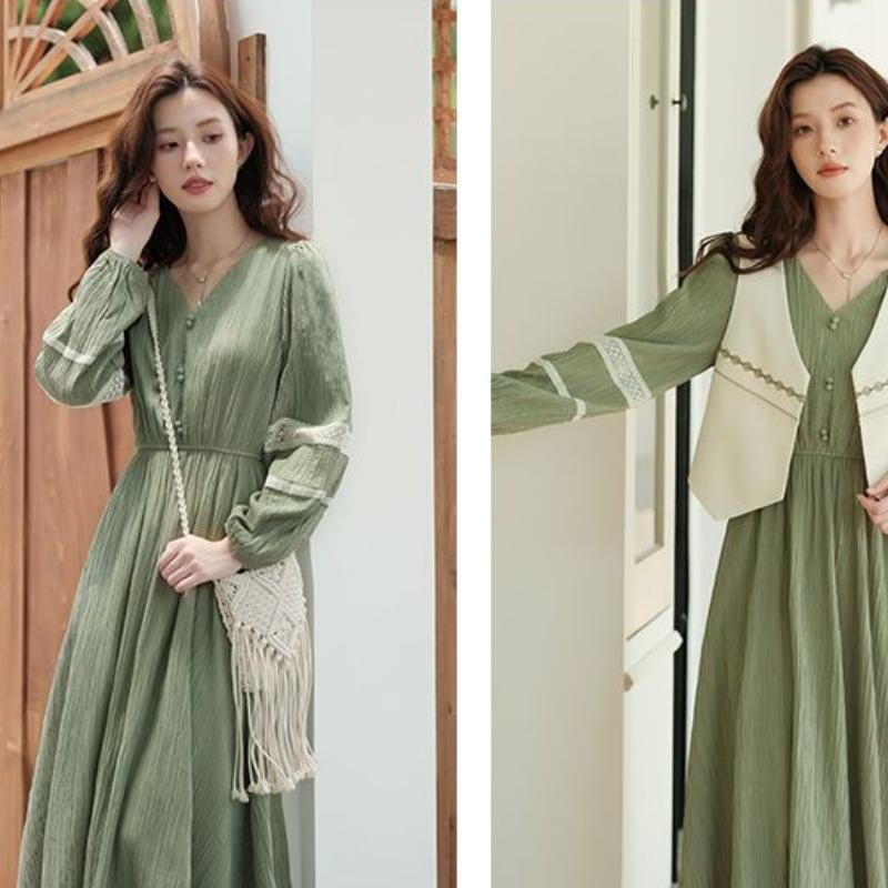 Early Autumn Women's Lady-like Temperament Dress V-Neck Vintage Long Skirt Gentle Style French Dress