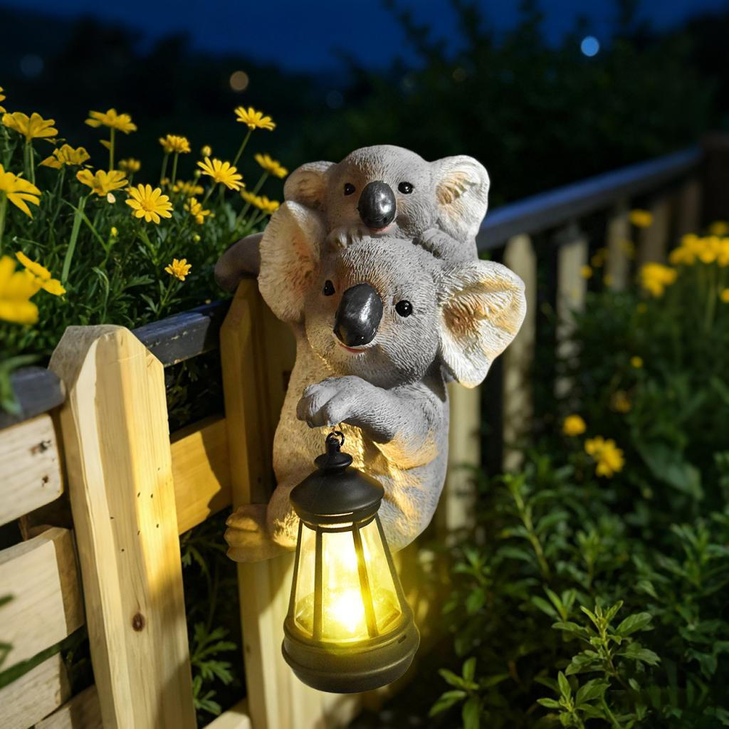 Animal Figurines Outdoor Koala Statue with Solar Lantern Hanging Garden for Walls Fence