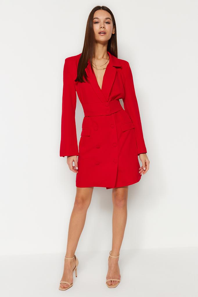 Women's Dress New Season Fashion Red Belted Button Detailed Mini Jacket Woven Dress