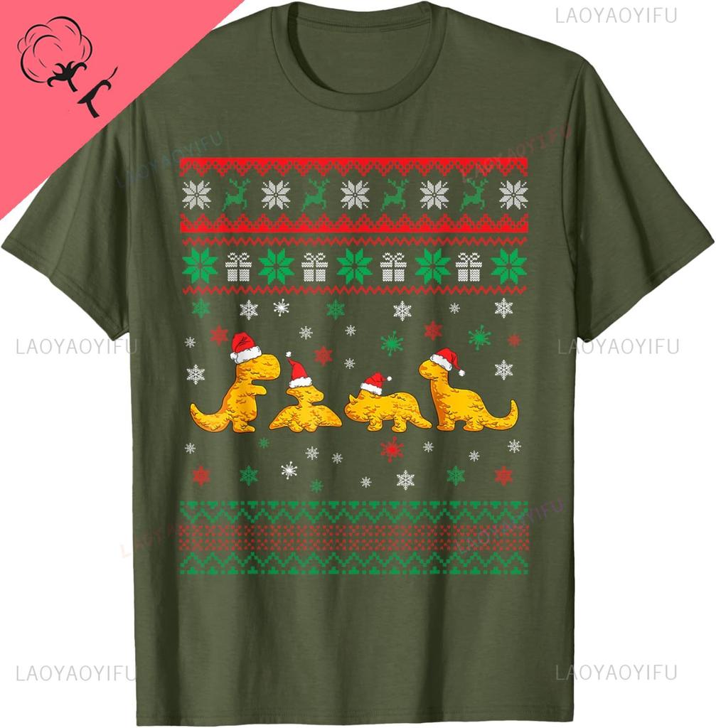 Dinosaur Dino Chicken Nuggets Ugly Christmas Pajama Xmas TShirt Y2k Harajuku Funny Shirt Cotton Vintage Clothes