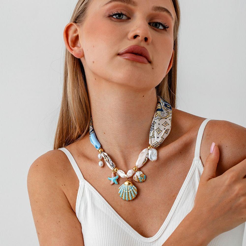 Flower Beach Ocean Series Necklace Shell Dopamine Necklace Cloth Wrap Scarf Chain Necklace  Girls