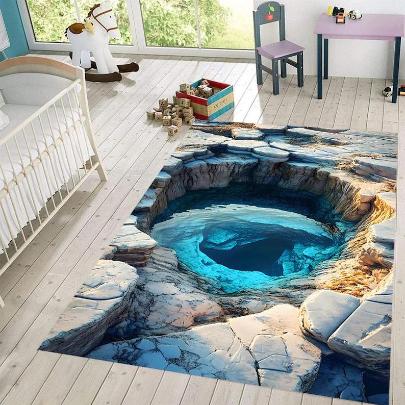 3D Cave Water Pool Abyss Design Rug NonSlip Machine Washable Carpet Fashion Bedroom Living Room Beach Style Floor Mat Home Decor