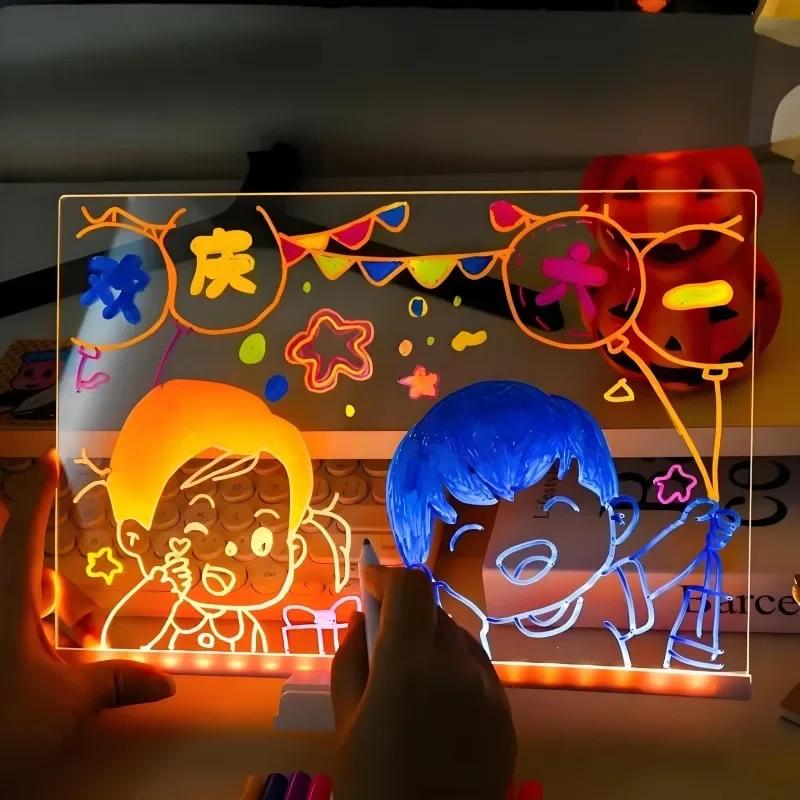 LED Night Light Up Acrylic Message Board Erasable USB Children's Drawing Board DIY for Birthday Gifts Bar Advertising Boards