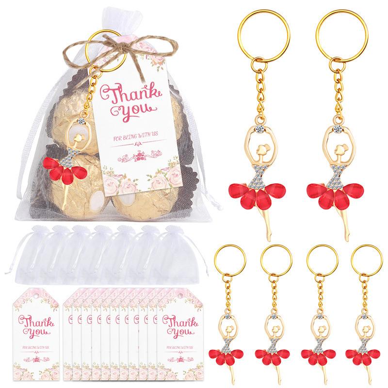 10 Sets Guests Return Gifts Including Ballet Dancer Keychains Thank You Tags White Organza Bags For Baby Shower Favors