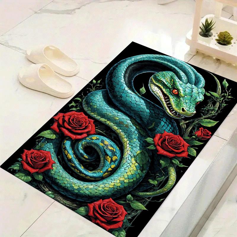 1pc Rose and Green Snake Design Indoor Area Rug - Soft, Anti-Slip, and Durable Gaming Room Decor for Bedroom