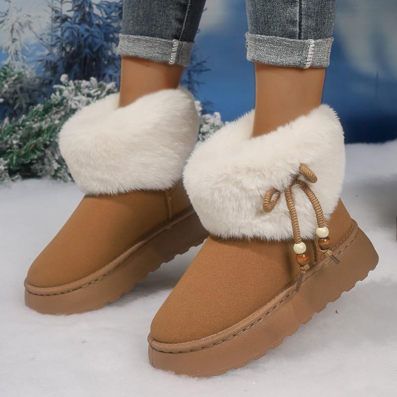 Damen Fellige Schneestiefel mit Schleife & Perlen, Plüschgefütterte Winterstiefeletten, Outdoor Knöchelstiefel auf Lager