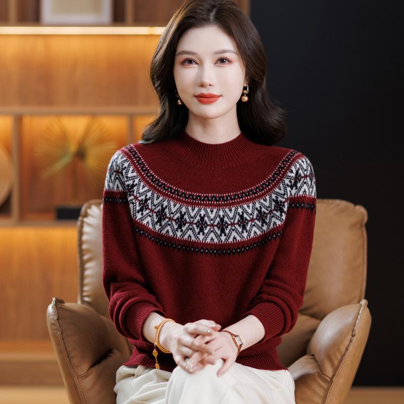 Women's Petite Jacquard Knit Wool Sweater - Autumn/Winter, Half-High Collar, Slimming Base Layer