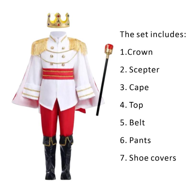 Ensemble de costume médiéval Roi Prince Rouge Bleu 7 Pièces Avec Couronne Sceptre Cape Pour Fête Royale d'Halloween Déguisement Performance 140