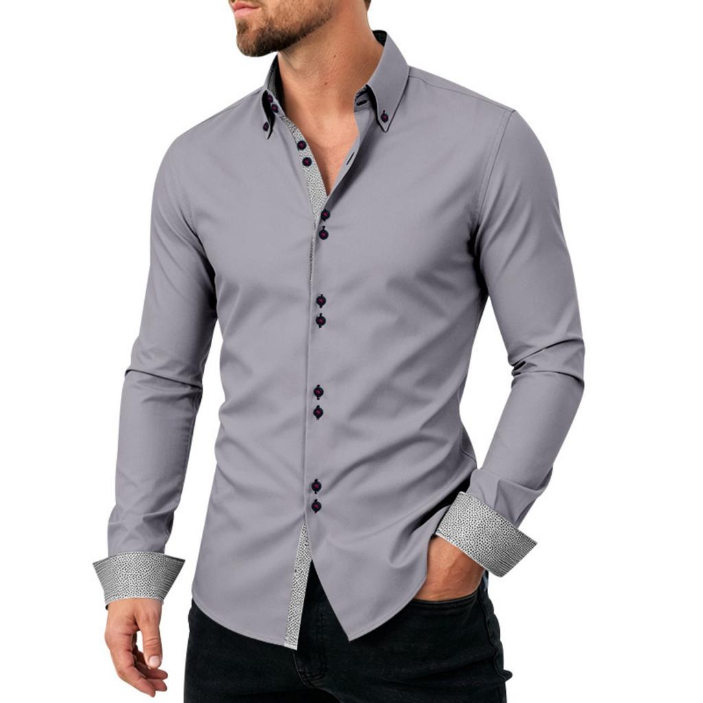 Men's Casual Business Long Sleeve Shirt Stretch Breathable Double Button Collar Slim Fit Dress Shirt for Office Work or Formal Occasions