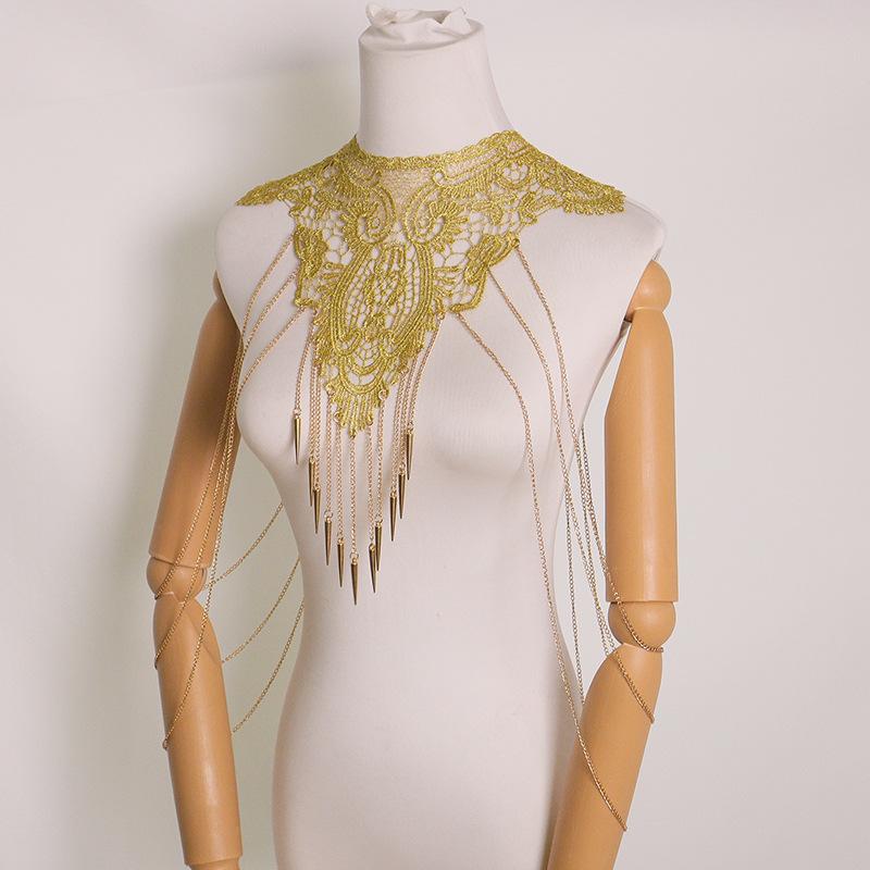Gold Lace Trim Multi-Layer Fashionable Tassel Necklace For Women Body Chain Jewelry Accessory Elegant Trendy Jewelry