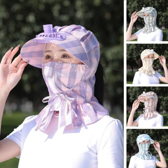 

Fan Sunhat Cooling Strong Wind Sunshade Wide Brim Zipper Anti-UV Geometric Print Neck Protection Women Cycling Fan Cap Headwear