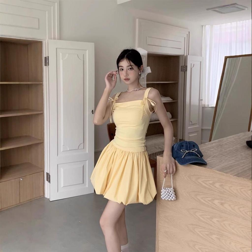 Women's Yellow Bow Tie Strap A-Line Dress - Sweet Summer Floral Puff Skirt