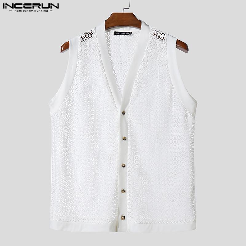 INCERUN Men Sleeveless Buttons Up Hollow Out Casual Tank Tops