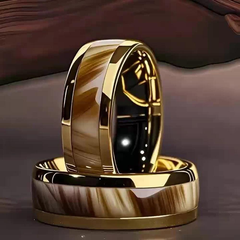Fashion Inlay Simulated Ambers Stone Rings Wedding Band Jewelry Gifts 8mm Stainless Steel Guitar String Gold Color Rings for Men