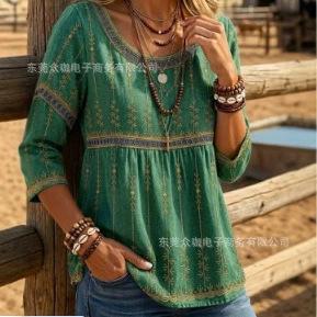 Floral pattern print, summer round neck medium sleeve pleated round neck top European and American women s clothing XS
