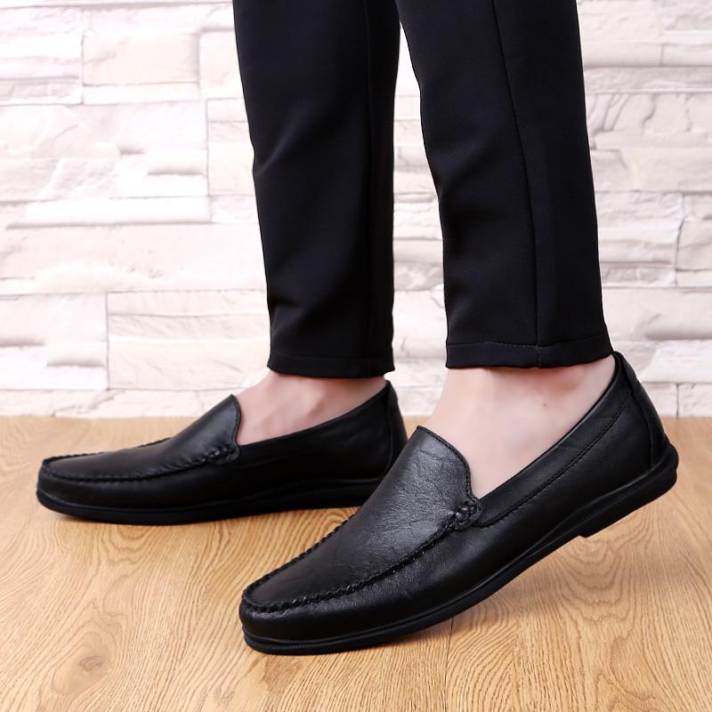 Men's Leather Casual Shoes Brand Loafers Simple Black Men's Business Work Shoes Flat Bottomed Non Slip Shoes Mo-4442