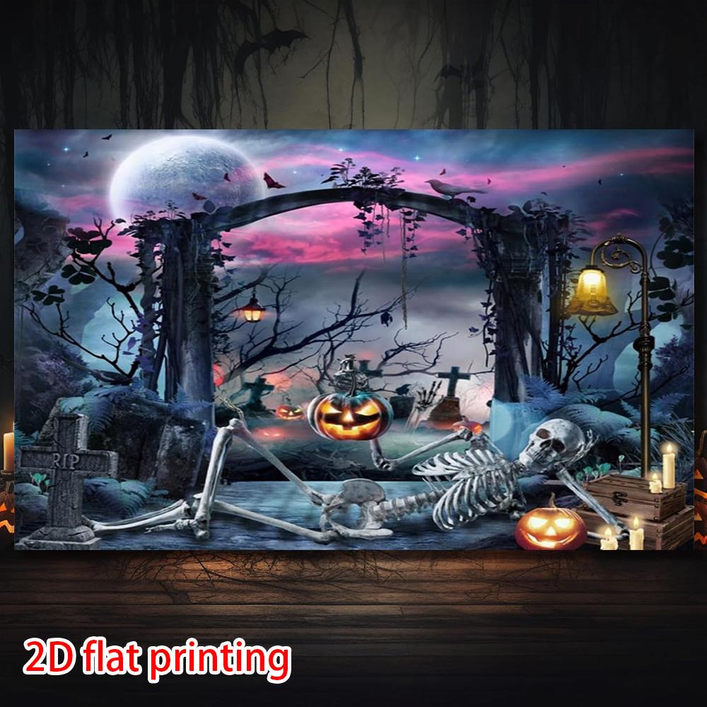 2D flaches Banner, 1 Halloween-Party-Hintergrundbanner, mit böser Totenkopffigur und bösem Kürbis-Muster-Hintergrunddesign
